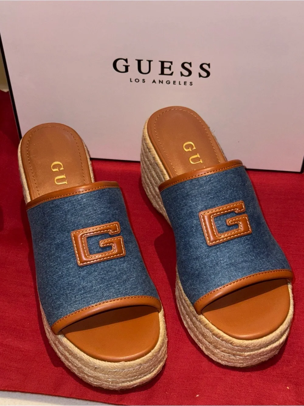 Guess Women's Zakki One Band Logo Slide Espadrille Wedge Sandals in a blue denim